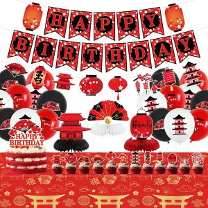 MEVRONISSHOP-D&eacute;corations de f&ecirc;te Hibachi japonaises Hibachi avec banni&egrave;re &laquo; Happy Birthday &raquo;, d&eacute;corations de g&acirc;teaux, centres de table en nid d'abeille, nappe et ballons pour d&eacute;corations japonaises c - Neuf