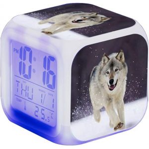 R&eacute;veil loup pour enfant-LED-Carr&eacute;-Horloge LCD &eacute;clair&eacute;e-Cadeau-Motif loup (#4) - Neuf