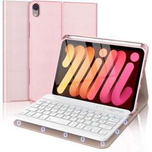 Coque Clavier pour iPad Mini 7 (A17 Pro) 2024 / Mini 6 2021, AZERTY Fran&ccedil;ais Amovible Clavier Bluetooth sans Fil pour iPad Mini 7/6 8.3'', Rose - Neuf