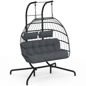 Fauteuil ?uf Suspendu Ajour&eacute; 2 Places Effet Rotin Gris Avec Coussin Gris - Neuf