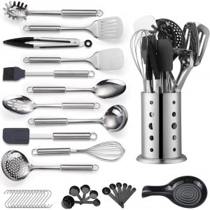 Mevronisshop-Ensemble D'ustensiles De Cuisine, 39 Pi&egrave;ces Ensemble D'ustensiles De Cuisine En Acier Inoxydable, Ensemble Cuill&egrave;re Spatule Avec Porte-Ustensiles En Acier Inoxydable Robuste, Compatible - Neuf
