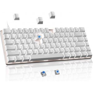 Clavier Mécanique De Jeu Remplaçable À Chaud, Interrupteur Bleu Filaires À 82 Touches Clavier Compact Ergonomique Rétroéclairé Par Led Blanche Anti-Fantômes Pour Pc Windows Et Mac Ps4 Gamer, Blanc - Neuf