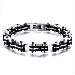 Bracelet - Yonger - Chaine Moto - Acier Inoxydable - Caoutchouc Noir - 215 Mm Longueur - Neuf