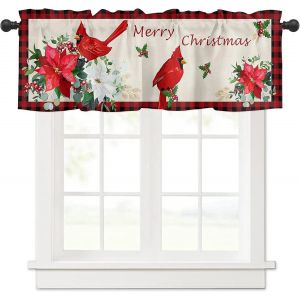 1 Feuille (54 X 18 Pouces) De Rideaux De Cantonnière Rouge De Noël, Oiseau Cardinal Rouge, Cantonnière De Cuisine, Passe-Tringle, Plaid D'eau De Baies, Rideaux Courts Pour Décoration De Noël D'hiver - Neuf