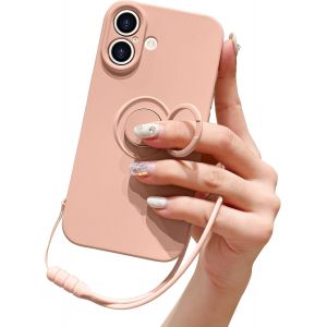 Kal-Compatible Avec Iphone 16 Plus Coque En Silicone Liquide Avec Anneau De Support Béquille Support De Voiture Magnétique Dragonne Détachable Antichoc Housse De Protection Souple-Rose - Neuf