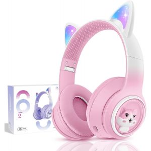 Casque Audio sans Fil pour Enfants, Chat Bluetooth Casque avec lumières LED pour Garçons/Filles/Tout-Petits âgés de 3 Ans et Plus, Bluetooth Ecouteur Pliables pour Enfants avec Mic Ans Filaire Jack - Neuf