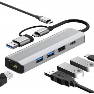 JGD-Adaptateur USB Ethernet, Gigabit RJ45 LAN 1000 Mbit/s Adaptateur r&eacute;seau avec 3 Ports U-SB 3.0 et USB Type-C, Adaptateur Ethernet USB C Multiport Compatible Windows XP Mac Linux Chromebook - Neuf