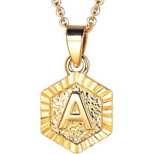 Kal-Collier Femme Initiale Plaqu&eacute; Or Jaune, Pendentif Hexagone Avec Lettre, Cha&icirc;ne Rolo Ajustable De 1,8mm/50+5cm - Neuf