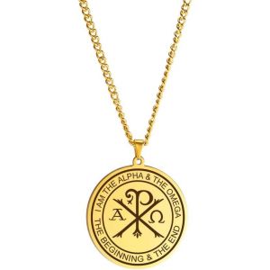 Kal-Collier Chi Rho Pour Homme - Symbole Grec Orthodoxe Alpha Omega - M&eacute;daillon Rond En Acier Inoxydable - Neuf