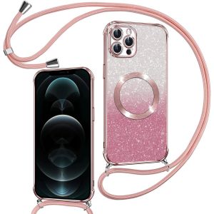 TRAHOO-Couqe Magn&eacute;tique pour iPhone 12 Pro Con Cordon, Compatible avec MagSafe, Brillant Glitter Paillet&eacute; Antichoc Durable R&eacute;sistante Etui pour iPhone 12 Pro Anti-Poussi&egrave;re Soft TPU Bumper, Rose - Neuf