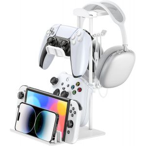 LORANKA-Support Casque, Support de Manette de Jeu et Support de Casque pour Bureau, Support d'&eacute;couteurs avec Barre de Support en Aluminium, Organisateur de Stockage Universel, Blanc - Neuf