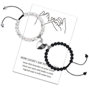 Kalsw-Bracelet Magn&eacute;tique Coeur Pour Couples Bracelet Magn&eacute;tique &Agrave; Perles R&eacute;glables Femmes Bracelets En Pierre Mate Pour Petite Amie Petit Ami Amoureux Cadeau - Neuf