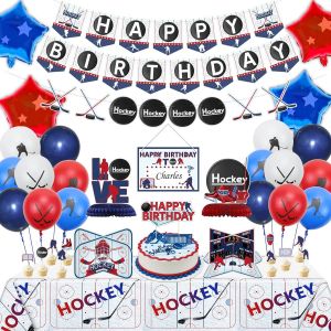 Fournitures De F&ecirc;te D'Anniversaire De Hockey,Banni&egrave;re De Joyeux Anniversaire Sur Le Th&egrave;me Du Hockey Sur Glace,1 Nappe,10 D&eacute;corations De G&acirc;teau,30 Ballons Pour Enfants,Hockey 2 - Neuf