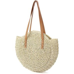 Sac de plage en paille vintage, bandouli&egrave;re ronde faite &agrave; la main - Neuf