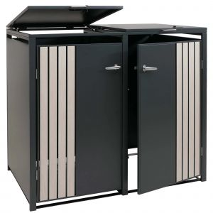 Cache-Poubelles Pour 2 Bacs Avec Couvercle Abri Pour Poubelles En M&eacute;tal 122x132x84 Cm Anthracite Aspect Bois Clair 04_0009351 - Neuf