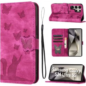 Kal-Housse Protection Pour Samsung Galaxy S24 Ultra 5g 6.8 Pouces Matériau En Cuir Pu Samsung S24 Ultra Coque Avec Fentes Pour Cartes Coque Samsung S24 Ultra Avec Longe Anti Perte Rose - Neuf