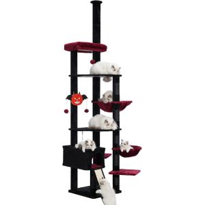 Arbre ¿¿ Chat Du Sol Au Plafond, Tour De Jeux Gothique 265 Cm, Avec 5 Griffoirs, Planche ¿¿ Griffer, 2 Panier, Plate-Forme, Niche, Pompon, Meuble Pour Chats D¡¯Int¿¿Rieur, Noir Et Rouge Hct091br - Neuf