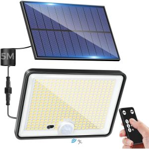 Lampe Solaire Exterieur Detecteur De Mouvement Avec Télécommande, 342 Led Lumiere Solaire Ip65 Étanche Spot Solaire, 3 Modes Eclairaget Solaire Pour Jardin Garage Cour, Blanc Froid - Neuf
