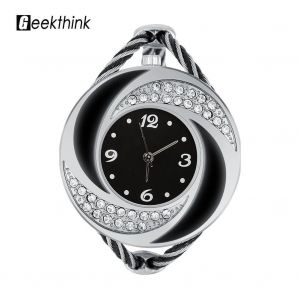 Geekthink Strass Quartz Montre Analogique Ouvrir Bracelet Alliage Bo&icirc;tier Montre-Bracelet Argent Noir - Neuf