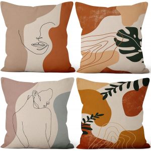 Cauc-Housse Coussin Abstrait Visage, Taie Oreiller Boho Terracotta Boh&ecirc;me Feuilles De Palmier Vert Housse De Coussin Velours Taie D'oreiller Carr&eacute; Housse Oreiller Pour Lit Salon, Lot De 4, 40x40cm - Neuf