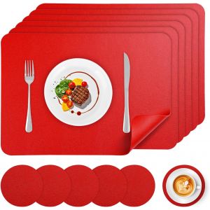 Ulteronixshop-Lot De 12 Sets De Table Lavable, 6 Pi&egrave;ces Sets De Tables Et 6 Pi&egrave;ces Dessous De Verres Pvc Set De Table, Antid&eacute;rapant Imperm&eacute;ables R&eacute;sistant &Agrave; La Chaleur, 16.9 X 11.8 Inch (Rouge) - Neuf