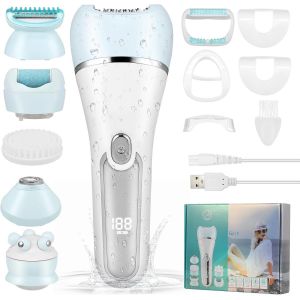 Checarzhn--No1-Épilateur Électrique Pour Femme, 6 En 1, Vi Pour Femme, Sans Fil, Écran Led Rechargeable, Wet And Dry Avec Exfoliante, De Nettoyage, Tête De Mas (Bleu) - Neuf