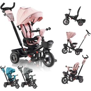 Ksfal-Noemi Tricycle 5 En 1 Avec Barre De Poussée À Partir De 18 Mois Jusqu'à 25 Kg,Marche Avant Et Arrière,Pneus Pu,Roue Libre Spacieuse,Panier,Sac,Porte-Gobelet-Rose - Neuf