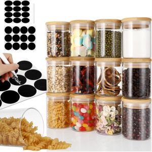 Tianyi-Ronds Pots &Agrave; &Eacute;pices Rangement, 12x210ml-Pots &Agrave; &Eacute;pices En Verre De Cuisine Avec Couvercle Et &Eacute;tiquettes En Bois De Haute Qualit&eacute;,Pots &Agrave; &Eacute;pices Empilables,Id&eacute;aux Pour Le Stockage Des &Eacute;pices - Neuf