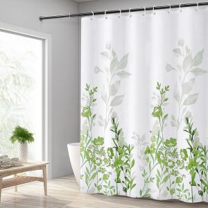 KALANKA-Rideau de Douche 240x200cm, Rideau Douche Tissu Polyester Imperm&eacute;able Lavable en Machine avec Ourlet Inf&eacute;rieur Lest&eacute; et 12 Crochets pour Salle de Bain, Fleurs Vert - Neuf