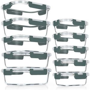 Chenquansarl-10packs De Récipients En Verre Pour La Préparation Des Repas,Conservation Des Aliments Avec Couvercles, Sans Bpa, Pour Le Micro-Ondes, Le Four, Le Congélateur Et Le Lave-Vaisselle, Gris - Neuf