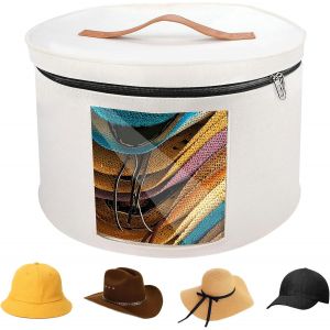 Tianyi-Boite A Chapeau, Boîte De Rangement Ronde Pour Chapeau Avec Fermeture Éclair, Fenêtre Transparente, Poignées En Cuir, Boîte De Chapeaux Pliable En Feutre, Pour Voyage, 25x40cm (Blanc) - Neuf