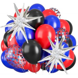 CAUC-Ballon Color&eacute;s Anniversaire, 22 Pi&egrave;ces Ballons Helium Fete Pleins D'&eacute;nergie, Bleu Noir Rouge Ballons en Latex, &Eacute;toile Explosive Argent&eacute;e Ballon en Aluminium pour D&eacute;corations de F&ecirc;te - Neuf