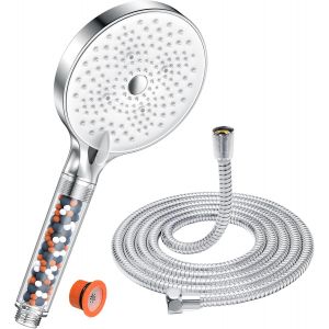 Pommeau de douche avec tuyau de 1,6 m, &eacute;conome en eau, avec filtre, augmente la pression avec 6 types de jet, grand pommeau de douche (diam&egrave;tre 130 mm), douchette &agrave; main avec fonction - Neuf