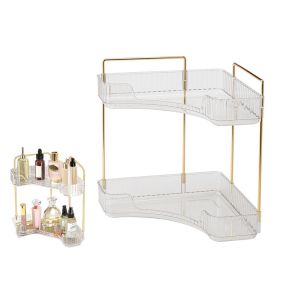 &Eacute;tag&egrave;re d'angle &agrave; 2 niveaux pour salle de bain - Plastique transparent avec cadre plaqu&eacute; or - Neuf