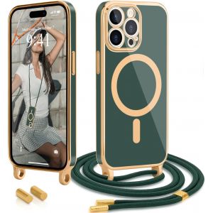 Eryi-Coque Avec Cordon Compatible Avec Iphone 15 Pro Max(6.7") Coque Magnétique Collier Réglable Étui Silicone Galvanisé Cellulaire Cover Lanyard Case Pour Iphone 15 Pro Max Vert Foncé - Neuf