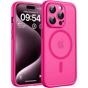 Maa-Coque Magnétique Pour Iphone 15 Pro Max 6,7 Pouces, Compatible Avec Magsafe, Protection De L'objectif Améliorée, Coque Mat Translucide Fine Antichoc, Rose Vif - Neuf