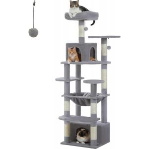 Grand Arbre À Chat Hauteur 184 Cm, Multi-Niveaux Avec 7 Poteaux À Griffer, 1 Griffoir Au Fond, 2 Condos Luxueux, 2 Perchoirs Confortables & 1 Hamac Spacieux, Beige - Neuf