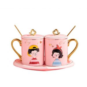 Ensemble De Tasses Pour Couple Avec Cuill&egrave;re &iquest; 2 Tasses En C&eacute;ramique Pour Gar&ccedil;ons Et Filles, Capacit&eacute; De 400 Ml, Assiettes Assorties Incluses - Neuf