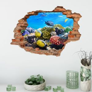 Sticker mural 3D Motif trou de mur ( poissons) - Neuf