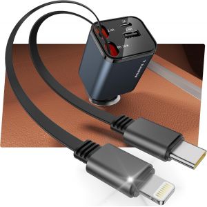 RAMPOW Allume Cigare USB C, 65W 4in1 Retractable Chargeur Voiture, avec c&acirc;bles USB C et c&acirc;ble Lightning r&eacute;tractables, Chargeur Allume Cigare pour iPhone 16/15, Samsung S24/23/22, iPad - Blau-Noir - Neuf