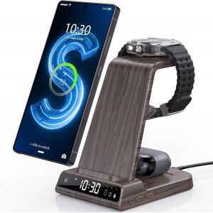 Chargeur Induction Fil Pour Samsung Galaxy S25 Ultra/S24,Chargeur Sans Fil Avec Horloge Num&eacute;rique Pour Samsung Galaxy Watch 8/7/6,Wireless Charger Pour Galaxy S23,Z Fold 7,Buds (Grain De Bois) - Neuf