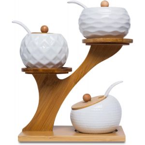 MEVRONISSHOP-Lot de 3 pots &agrave; &eacute;pices en c&eacute;ramique avec couvercle en bambou, cuill&egrave;re et plateau, 170 ml, pots &agrave; &eacute;pices, pots &agrave; sel pour le stockage du sucre, du sel, des &eacute;pices, du caf&eacute; - Neuf