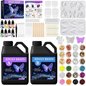 Resine Epoxy,1020ml Resine Epoxy Transparente,1:1 Ratio,Kit R&eacute;sine Epoxy Complet,Avec Pigment De R&eacute;sine,Feuille D'or,Paillettes,Pour La Fabrication De Bijoux En Cristal Pendentif Bracelet - Neuf