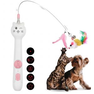 Des Jouets De Chat Pour Les Chats D'int&eacute;rieur, 3-En-1 R&eacute;tractable Chat Baguette Avec La Plume & Souris, 5 Modes De Pointeur Laser, Rose - Neuf