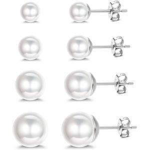 4 Pairs Of Pearl Earrings 925 Sterling Silver Round Beads Hypoallergenic 5-10 Mm Mixed Sizes White Pearl Earrings Set For Girls Women - Neuf