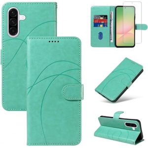 AEFJ-Coque pour Samsung Galaxy A56 5G avec 1 Pièce Protection Écran en Verre Trempé, Housse PU Cuir à Rabat Flip, Étui Support et Portefeuille Fonction (Vert) - Neuf