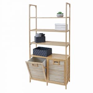 Armoire de salle de bain en bambou HWC-N83, &eacute;tag&egrave;re, armoire de rangement, 2 paniers &agrave; linge 168x81x33cm - Neuf