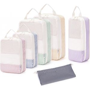 6 Pi&egrave;ces Organisateur Val , Sac Compression Voyage, Compression Packing Cubes, Organisateur Val Compressible, Cube De Rangement, Organ Urs De Bagage (Rayures Multicolores) - Neuf