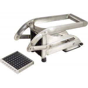 KALANKA-Coupe-frites m&eacute;nager professionnel inox sur ventouse - Coupe l&eacute;gumes, accessoires frites maison, coupe frites manuel - 2 couteaux - 10 mm et 8 mm, Silver - Neuf