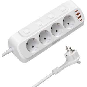 Prise d'angle avec USB, multiprise 4 prises avec interrupteur, multiprise avec 2 USB et 2 Type-C, r&eacute;partiteur de prise 8 en 1, fiche plate avec c&acirc;ble de 2 m pour smartphones, maison, blanc - Neuf